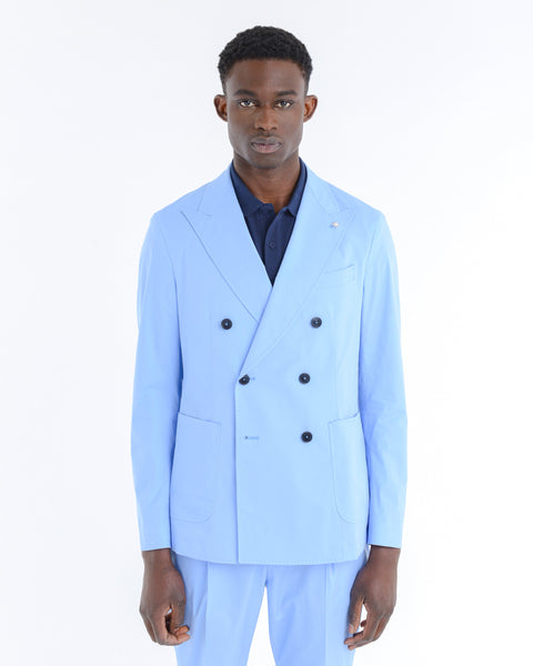 light blue double-breasted stretch cotton poplin suit