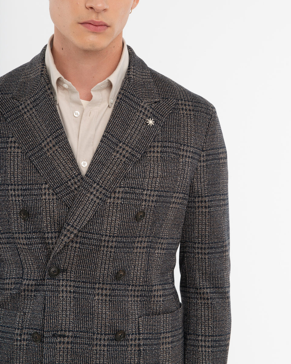 brown stretch cotton blend double breasted overcheck blazer