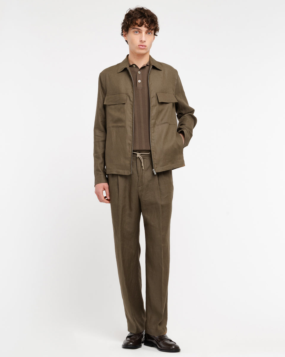 brown relaxed drawstring chinos in linen - Manuel Ritz Official