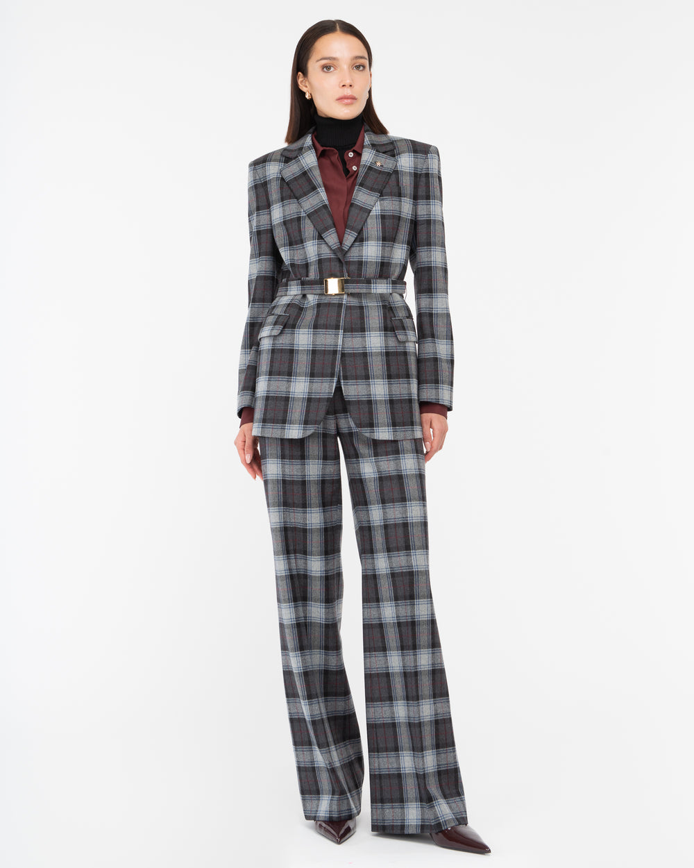 Giacca con cinta galles misto lana grigio