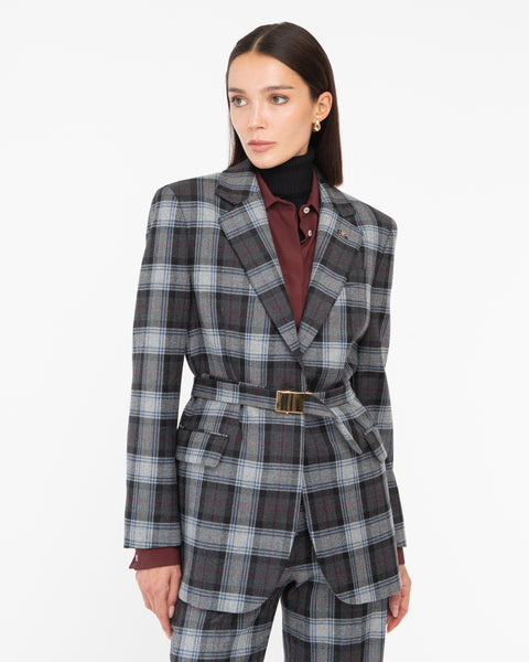 Giacca con cinta galles misto lana grigio
