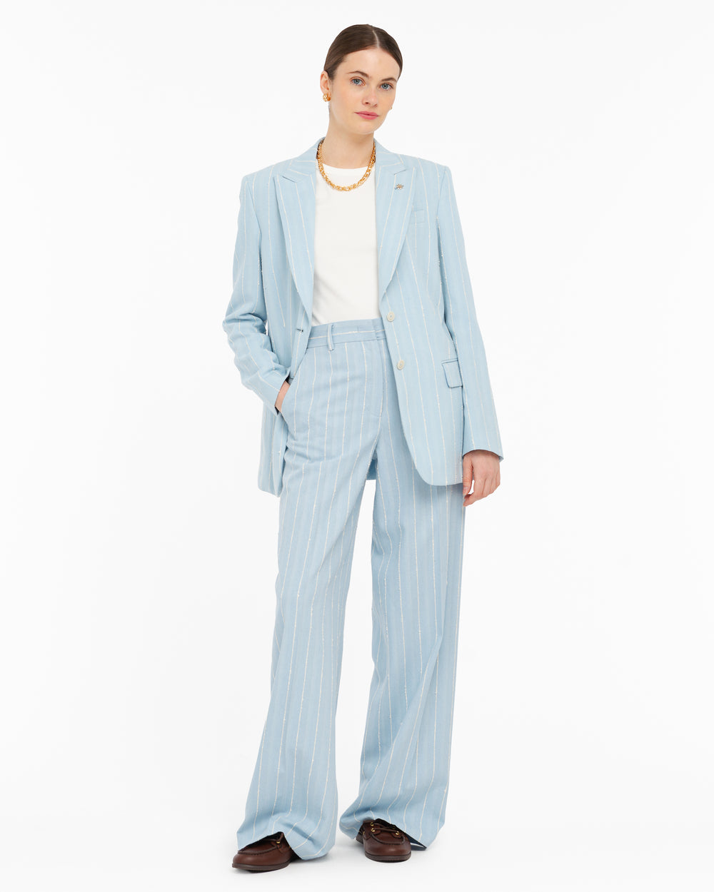 sky blue straight cotton blend striped trousers