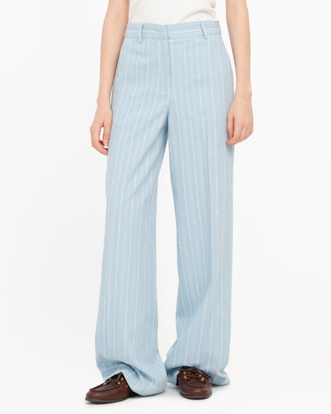 sky blue straight cotton blend striped trousers