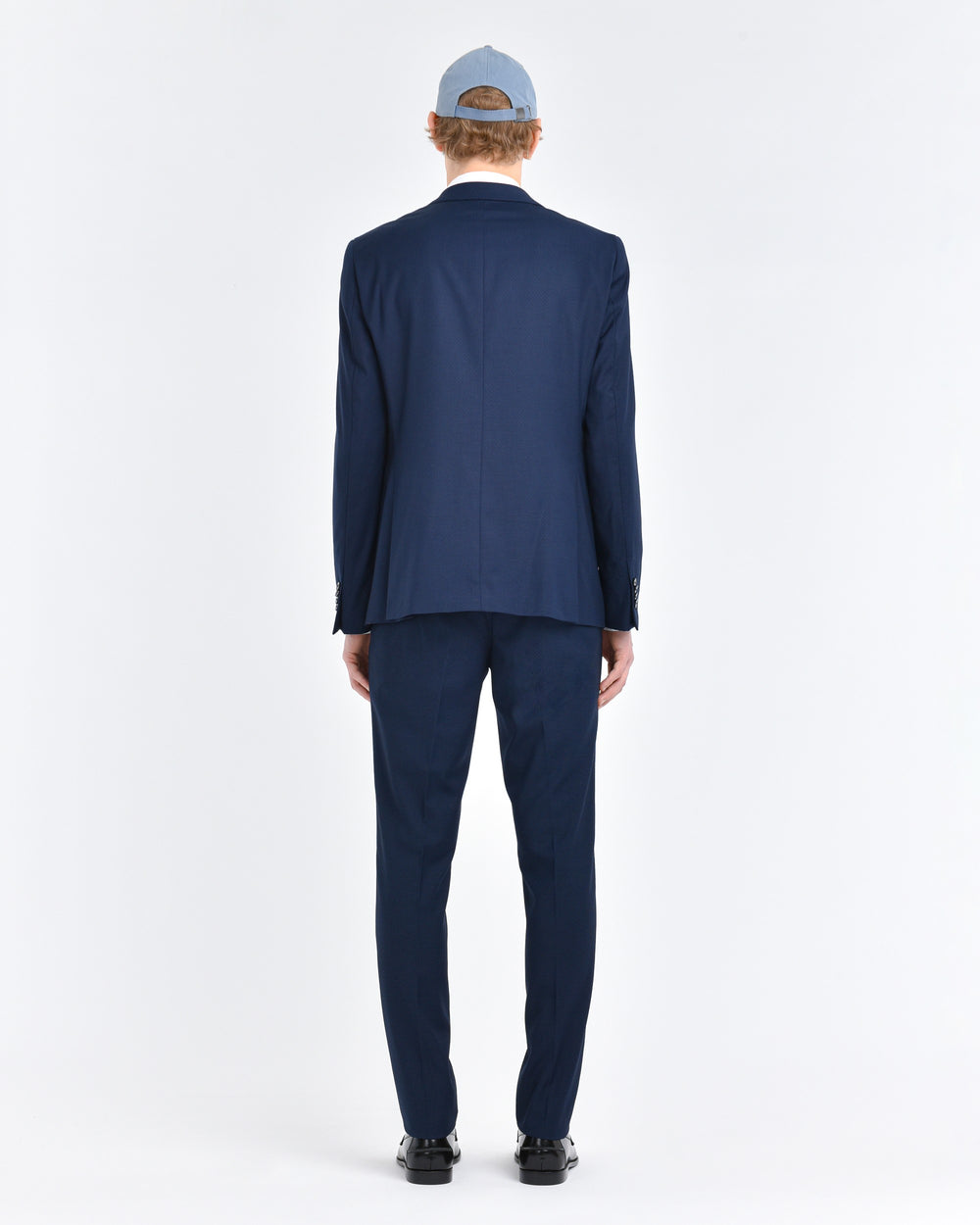 blue stretch viscose blend micropattern slim suit