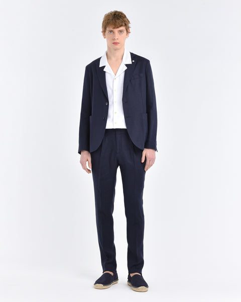 blue slim washed suit pure linen