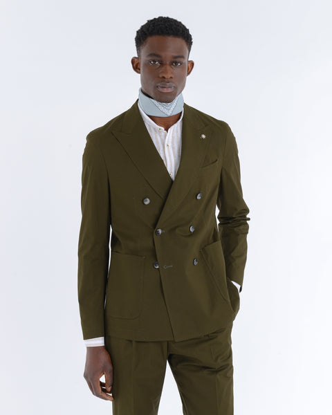 green double-breasted stretch cotton poplin suit