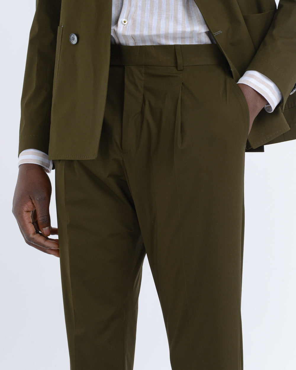 green double-breasted stretch cotton poplin suit