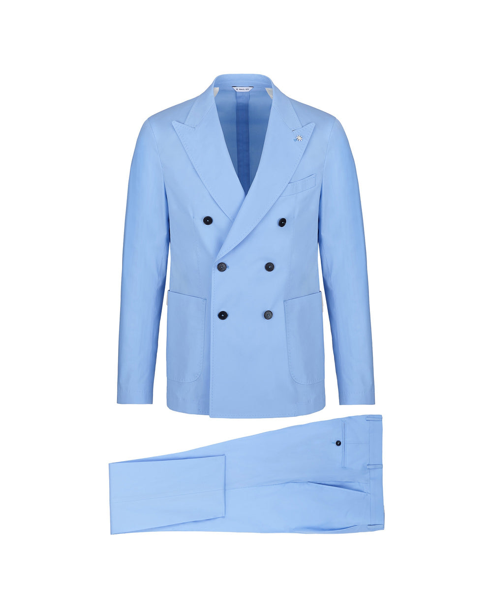 light blue double-breasted stretch cotton poplin suit