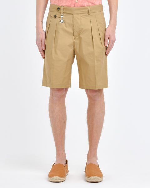beige stretch cotton poplin pleated bermuda shorts