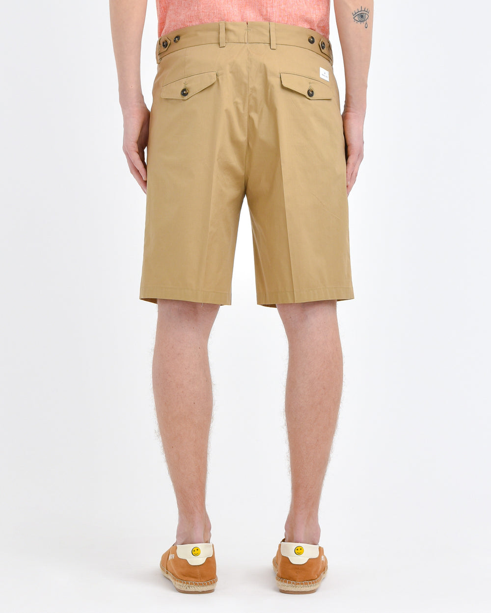 beige stretch cotton poplin pleated bermuda shorts