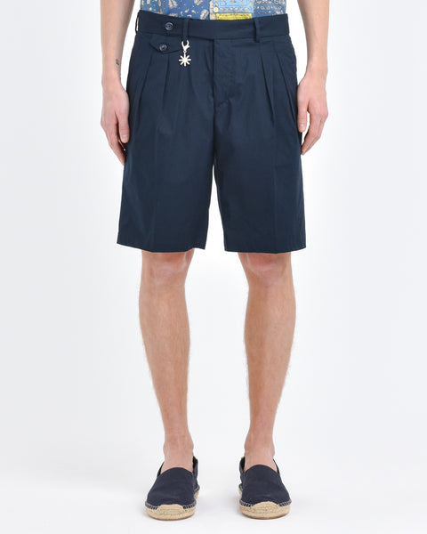 blue stretch cotton poplin pleated bermuda shorts