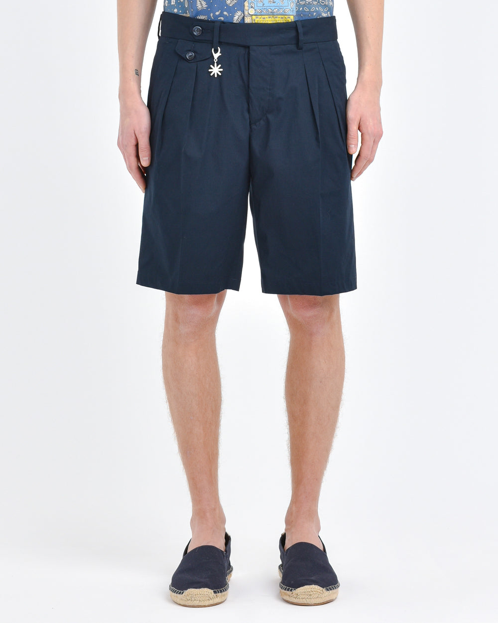 blue stretch cotton poplin pleated bermuda shorts