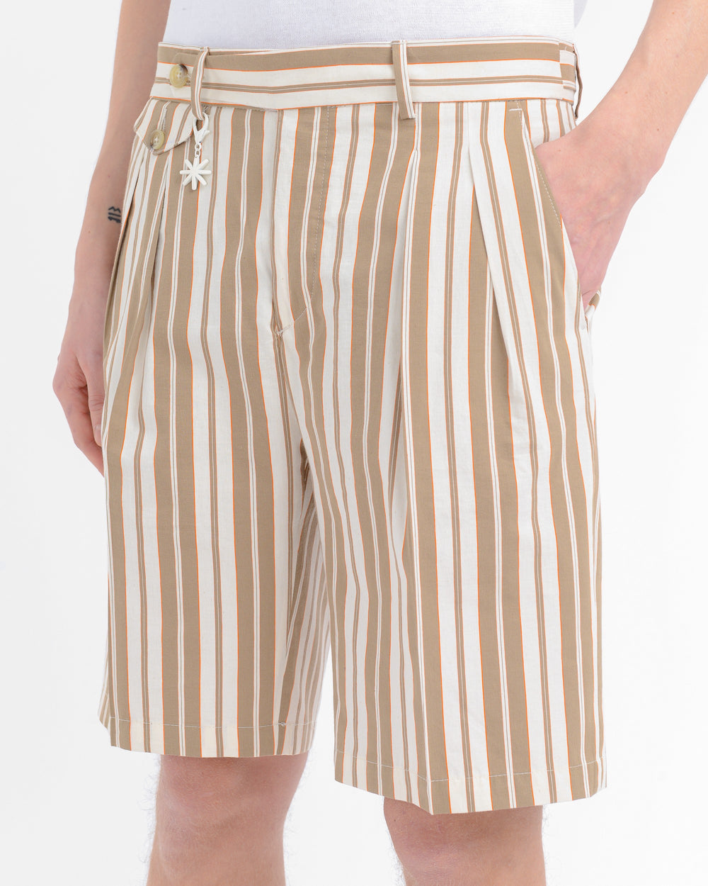 beige regimental pleated cotton bermuda shorts