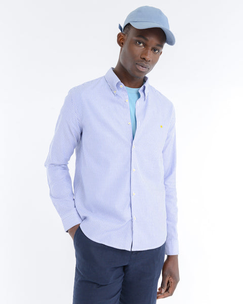blue cotton oxford striped button-down shirt