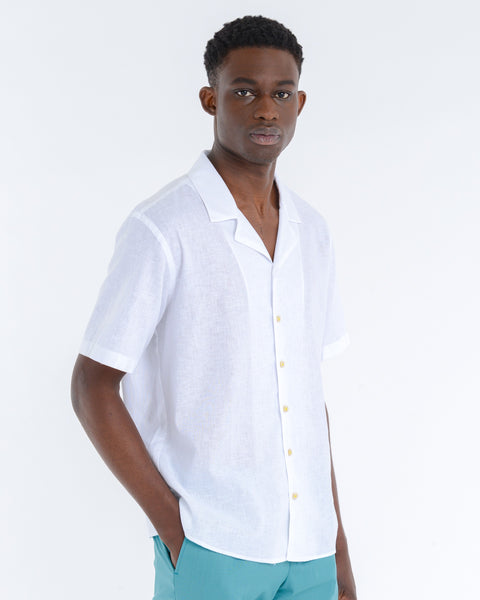 white cotton linen blend bowling shirt