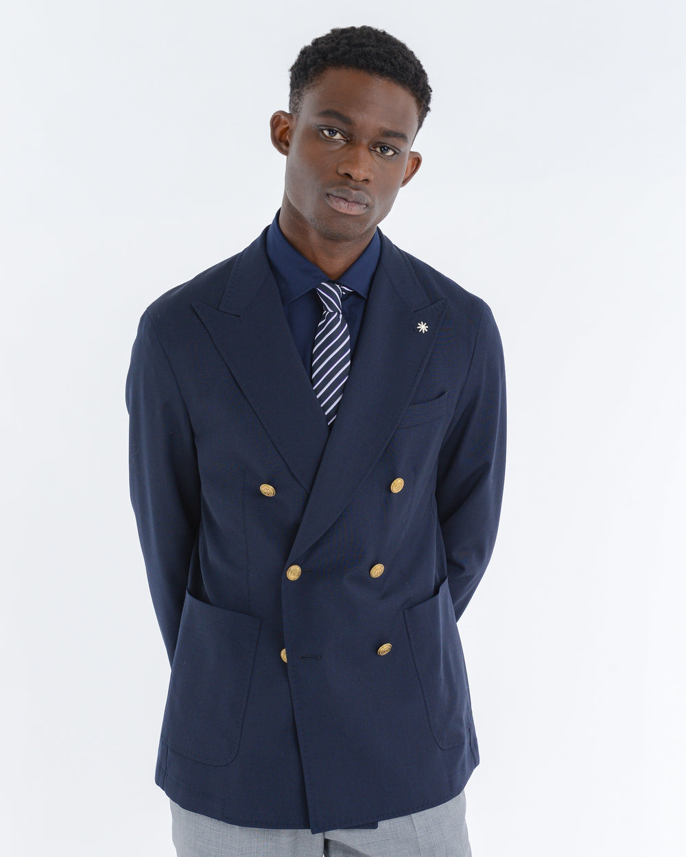 blue stretch wool canvas double-breasted blazer