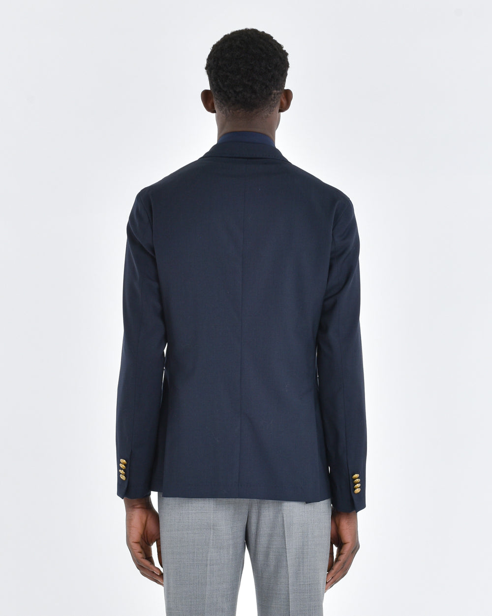 blue stretch wool canvas double-breasted blazer