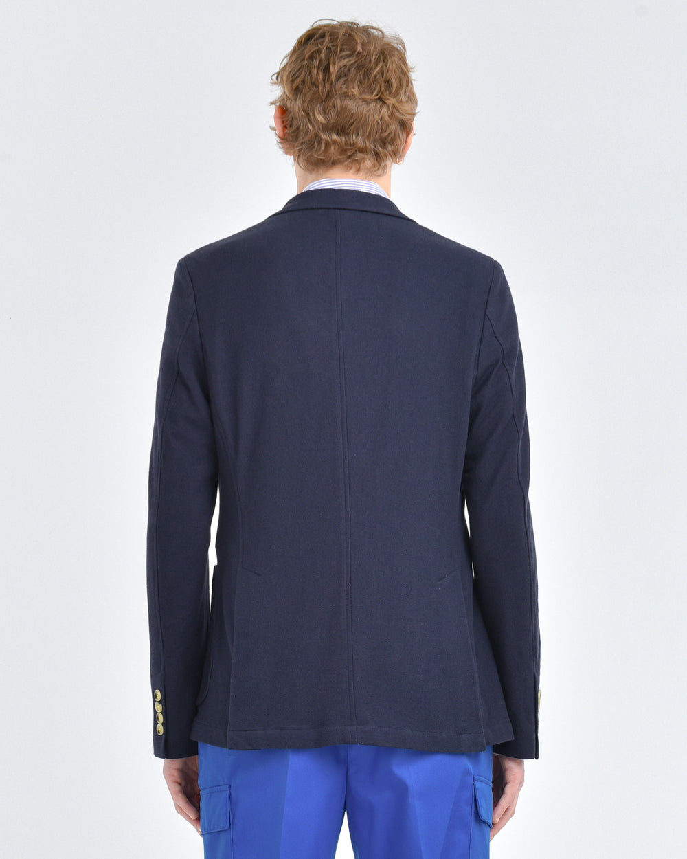 blue semi-lined slim piqué cotton blazer