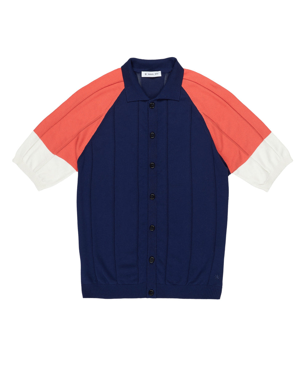 blue colour block cotton crepe knit shirt
