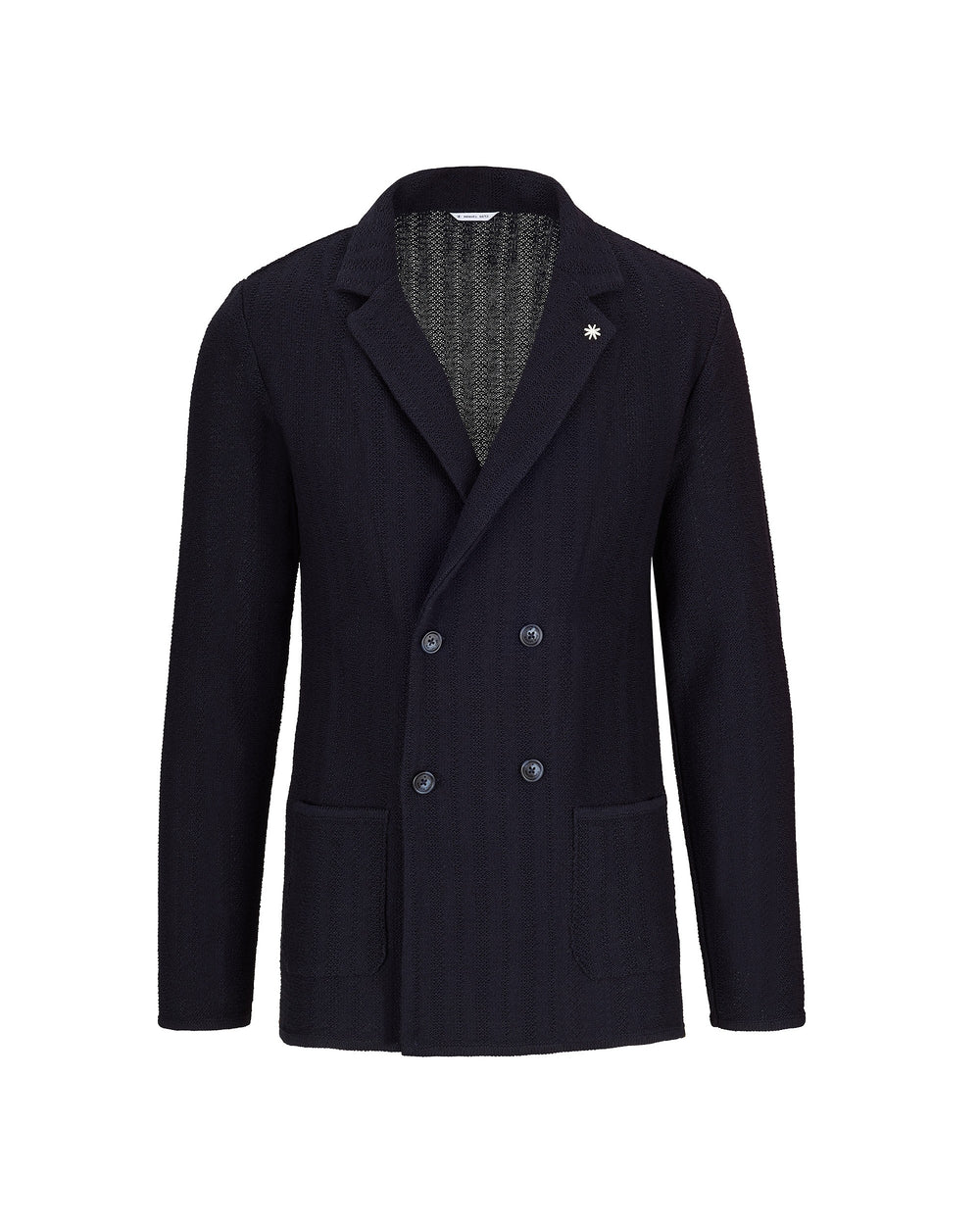 blue double-breasted regimental knitted jacket ton sur ton