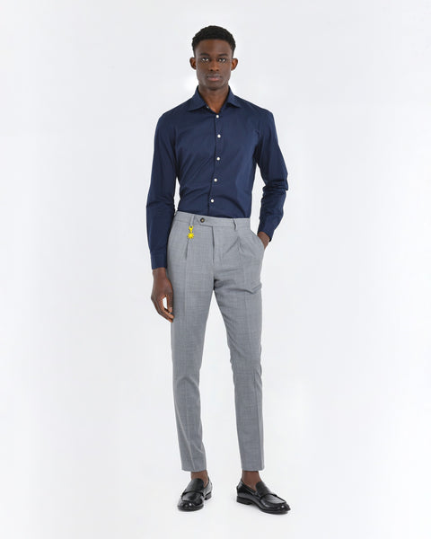 gray stretch wool canvas slim pleat trousers