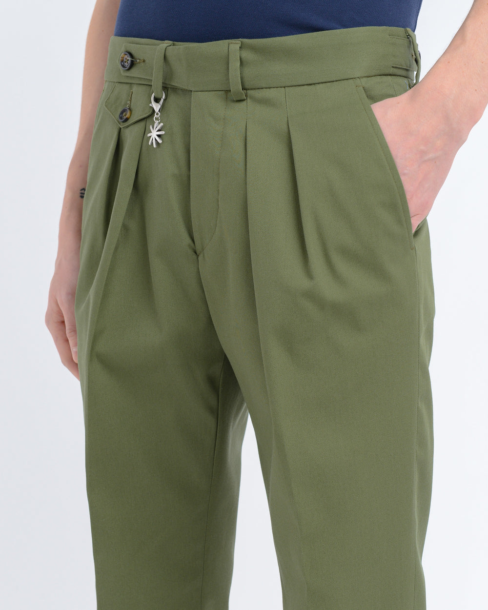 green double pleat baggy twill cotton blend trousers