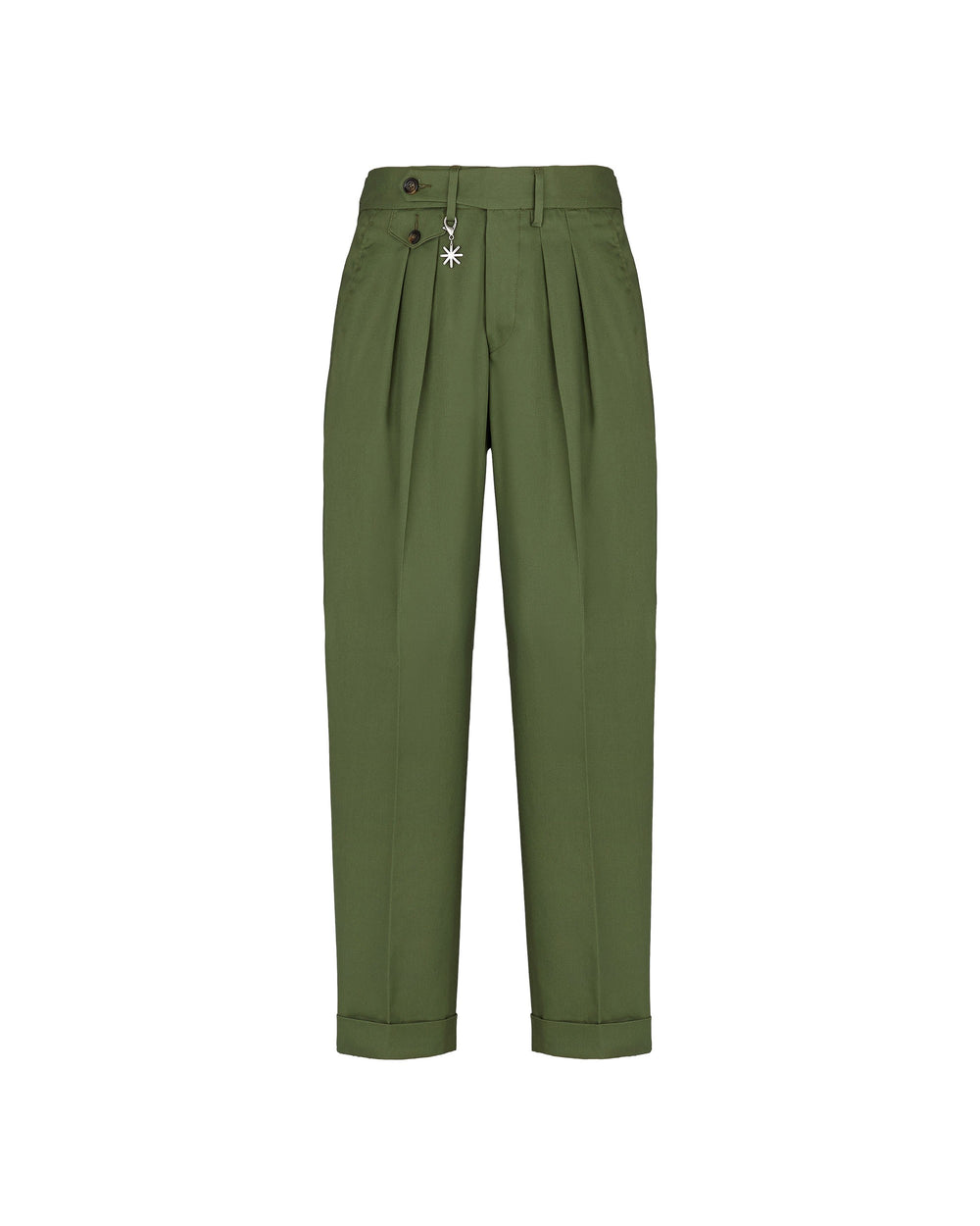 green double pleat baggy twill cotton blend trousers