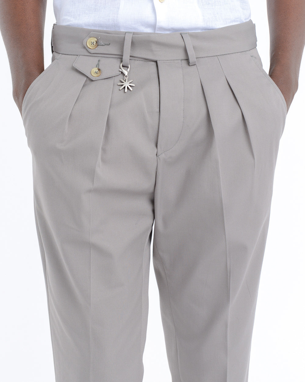 gray double pleat baggy twill cotton blend trousers