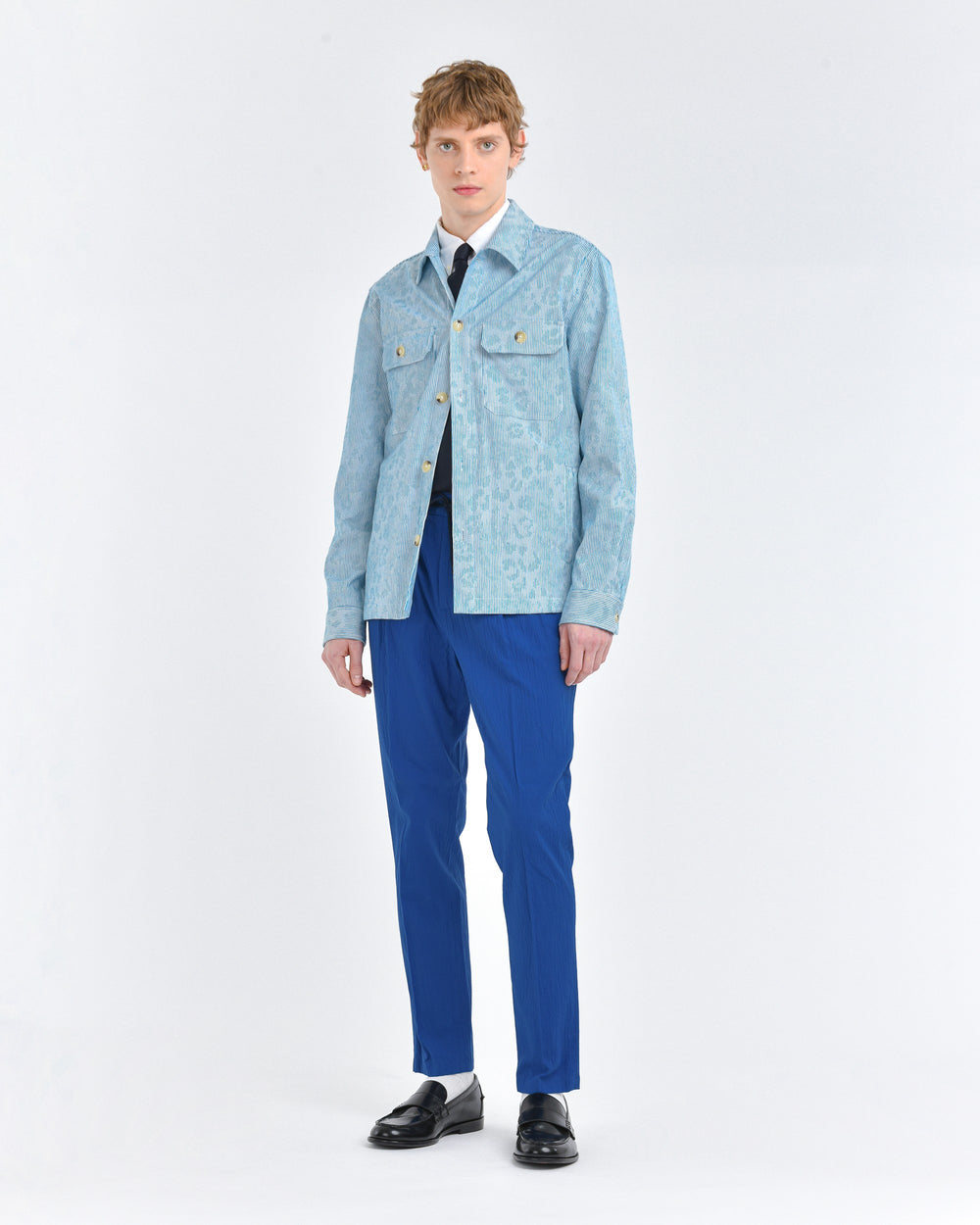 light blue stretch cotton blend seersucker jogging trousers