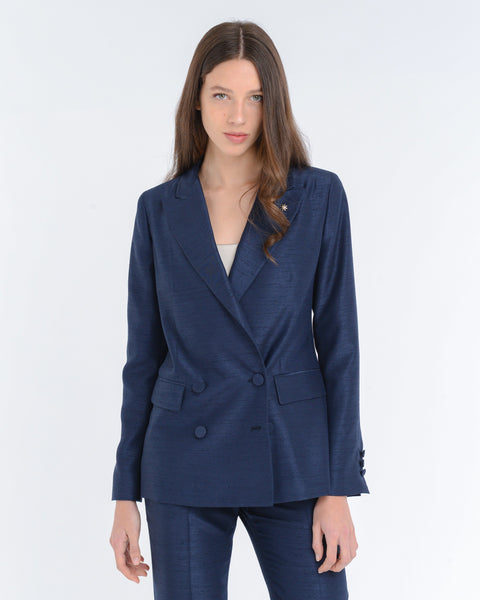 blue double-breasted shantung tailleur
