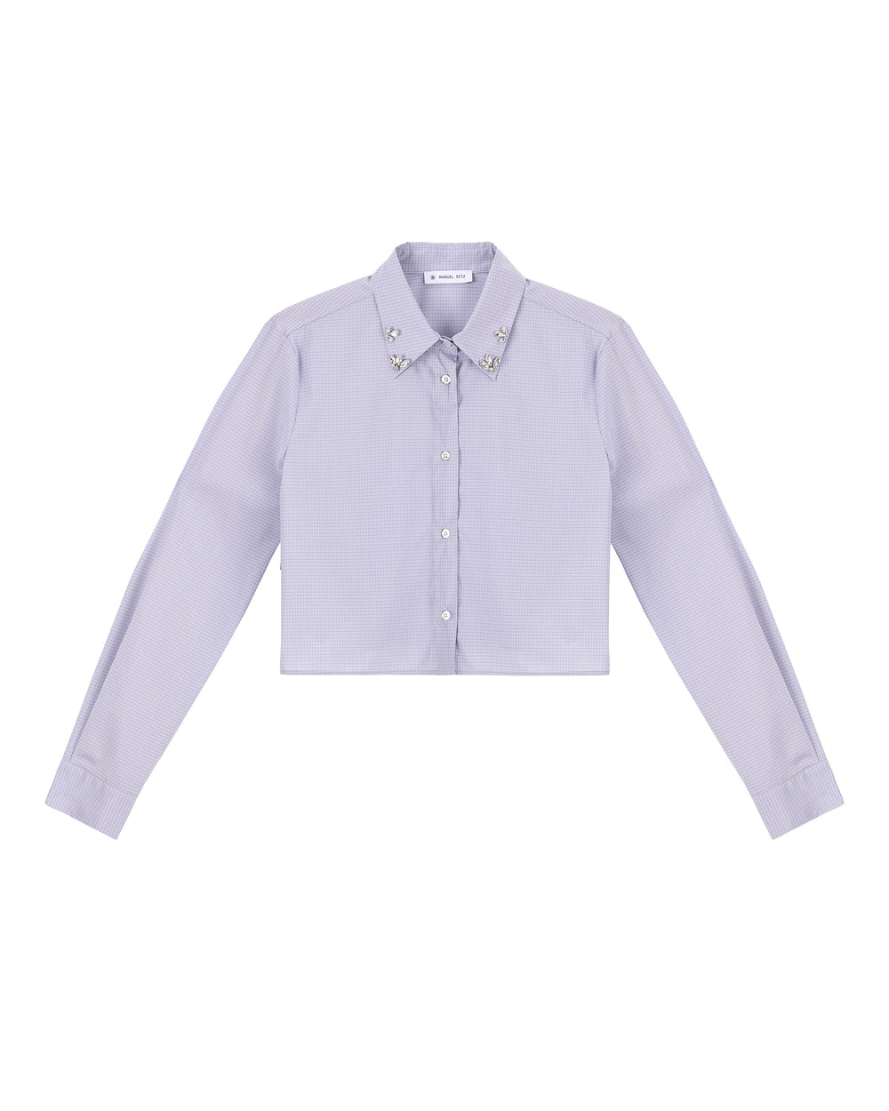 gray microcheck cropped shirt with appliqués