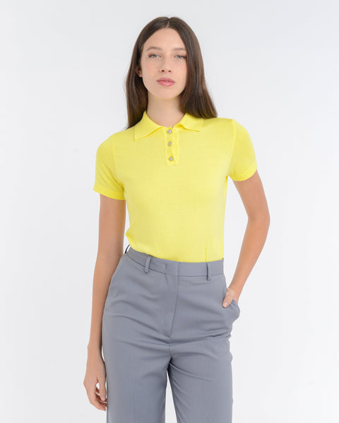 yellow cotton polo shirt with jewel button