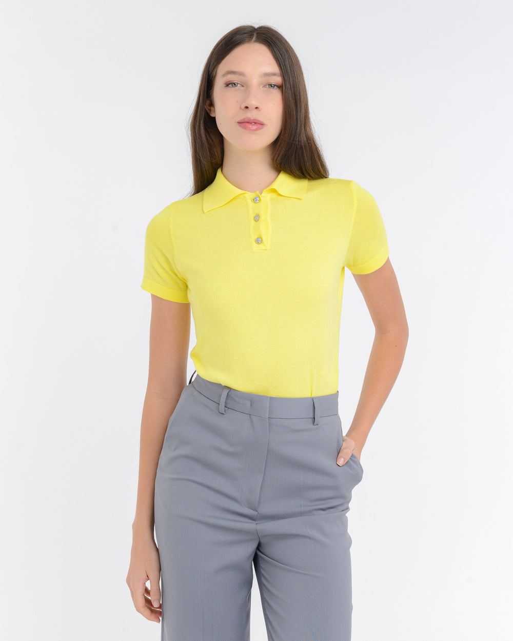 yellow cotton polo shirt with jewel button
