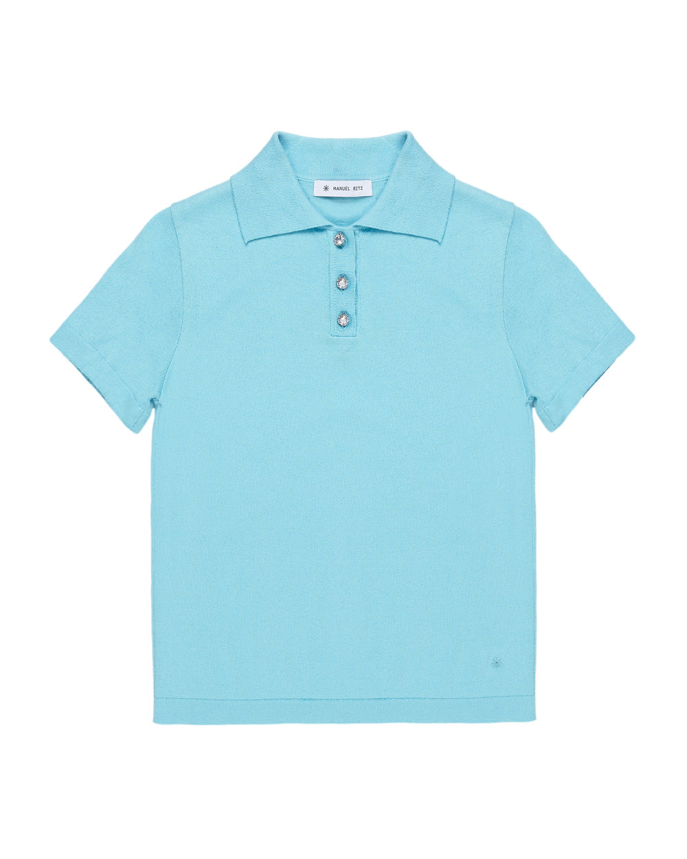 sky blue cotton polo shirt with jewel button