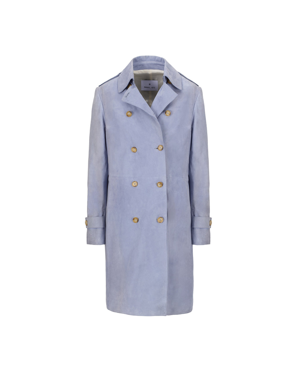 light blue suede trench coat
