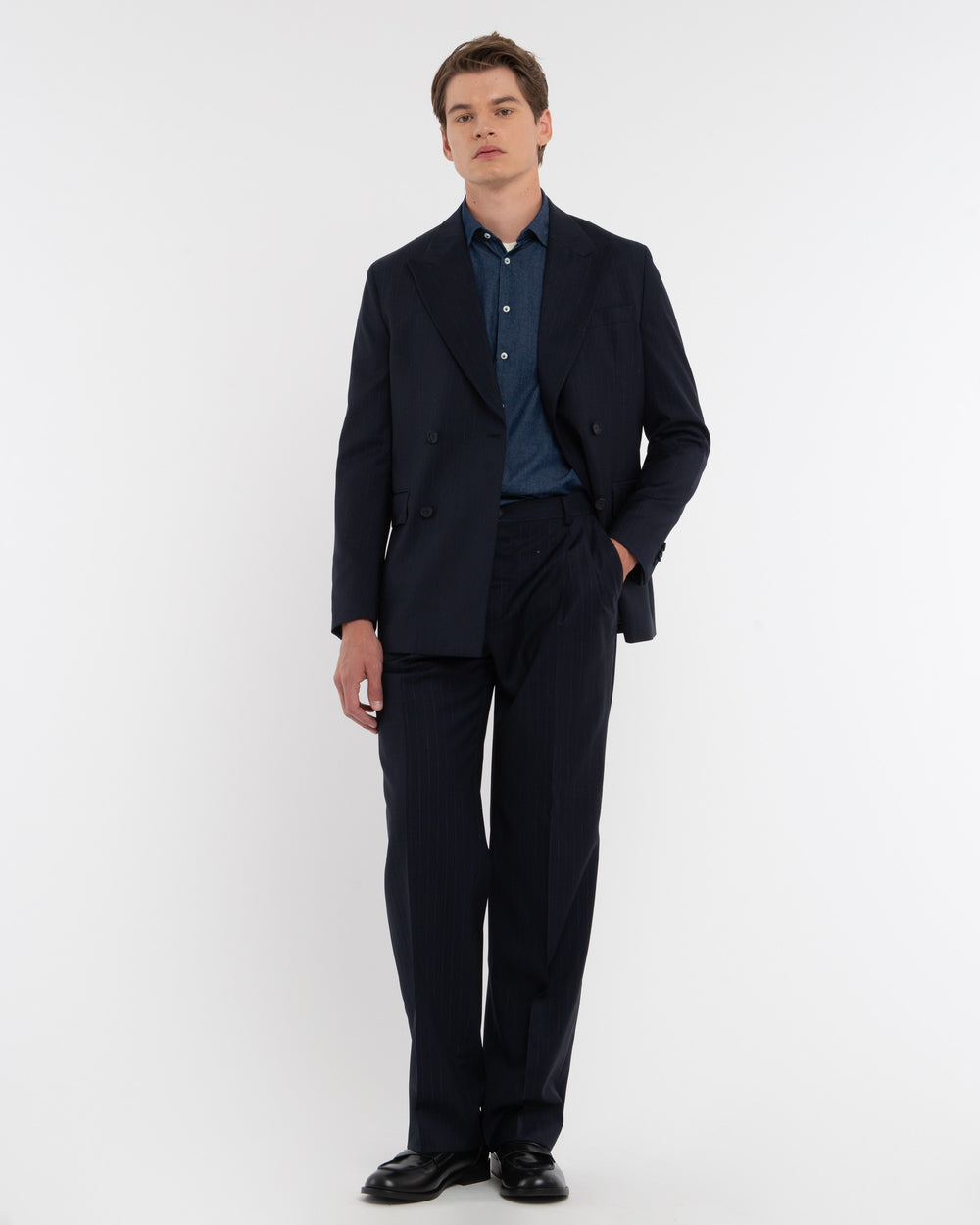 blue relaxed fit pinstripe suit in natural stretch wool