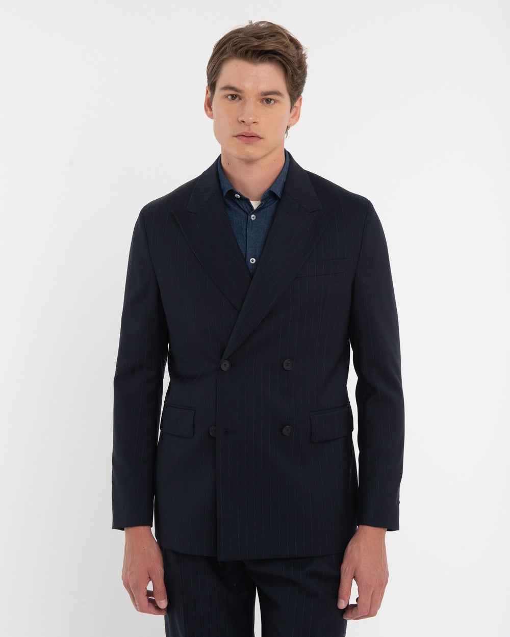 blue relaxed fit pinstripe suit in natural stretch wool