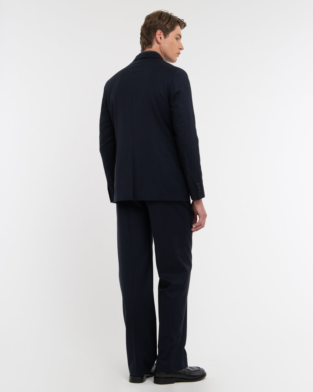 blue relaxed fit pinstripe suit in natural stretch wool