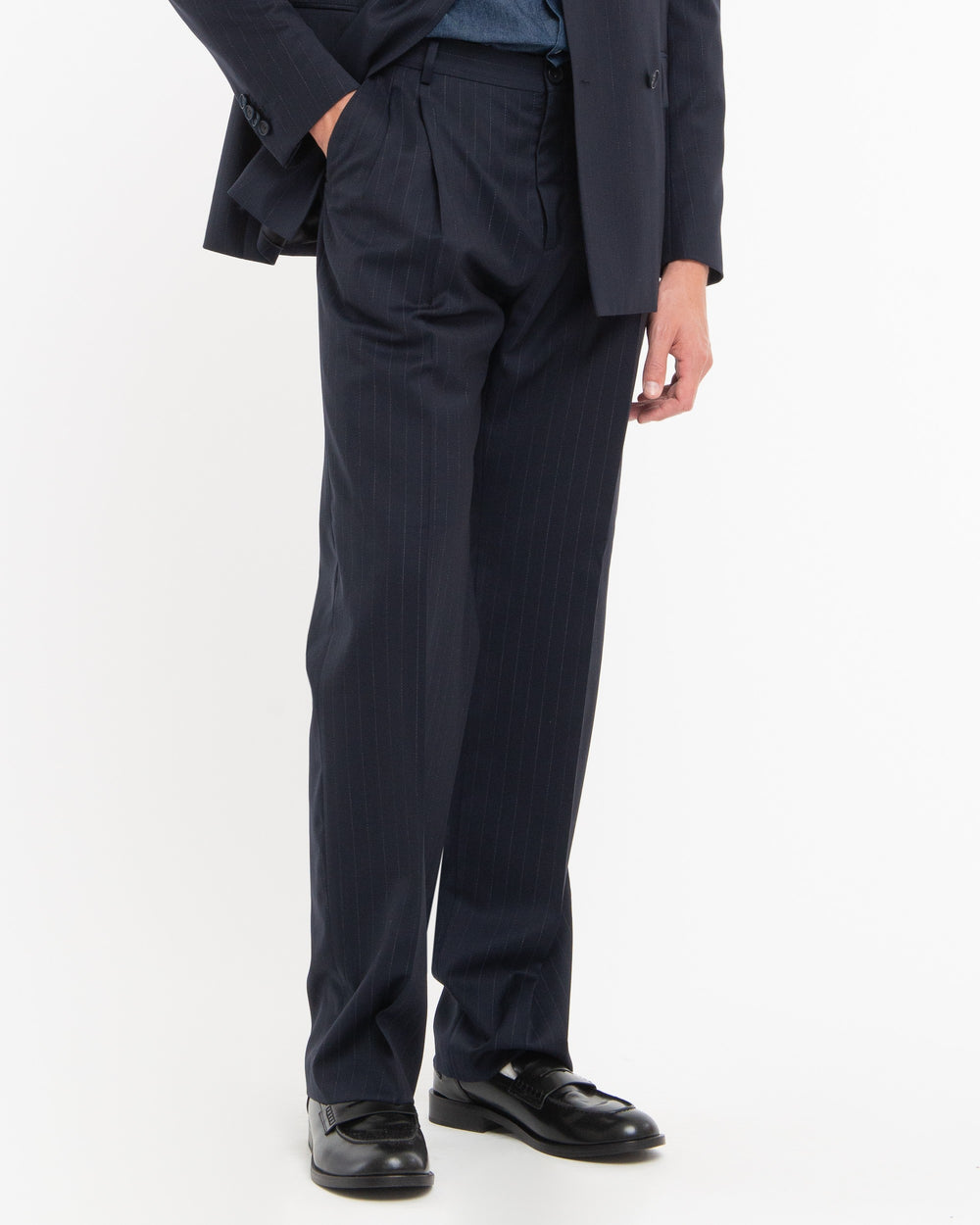 blue relaxed fit pinstripe suit in natural stretch wool