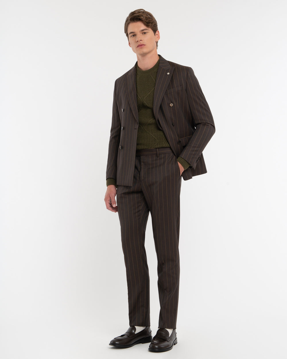 brown pure wool double-breasted pinstripe suit