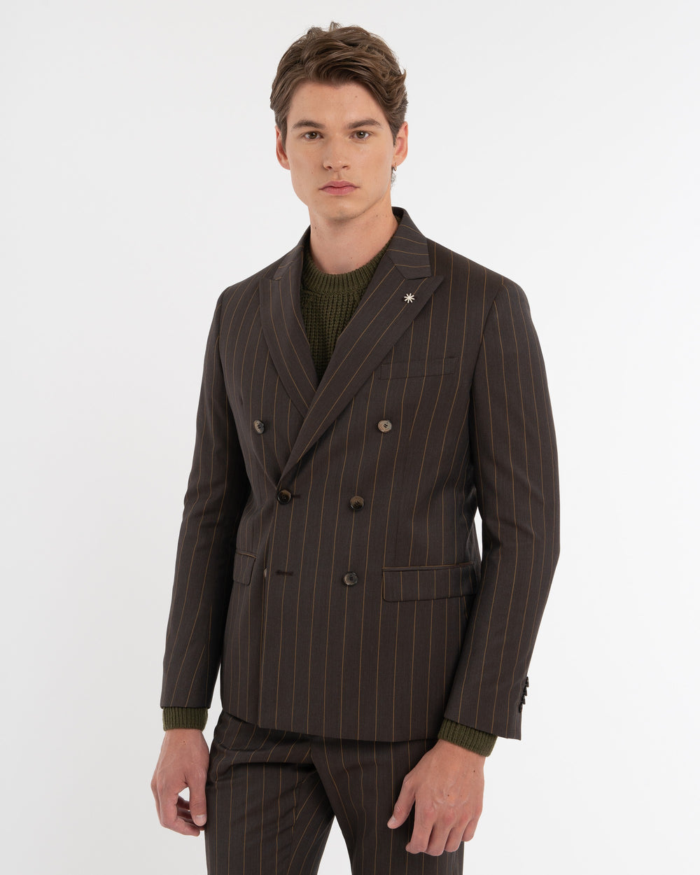 brown pure wool double-breasted pinstripe suit