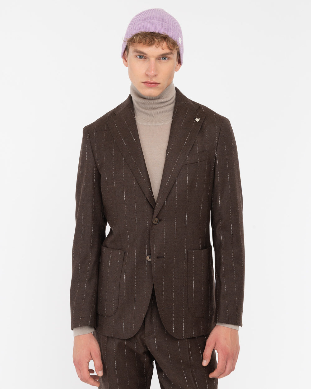 brown slim regimental wool stretch suit