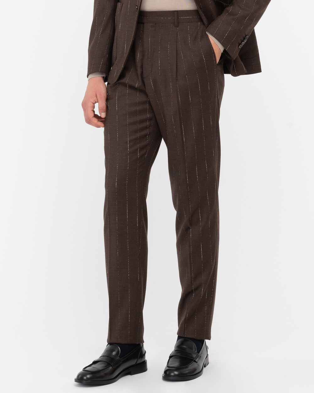 brown slim regimental wool stretch suit