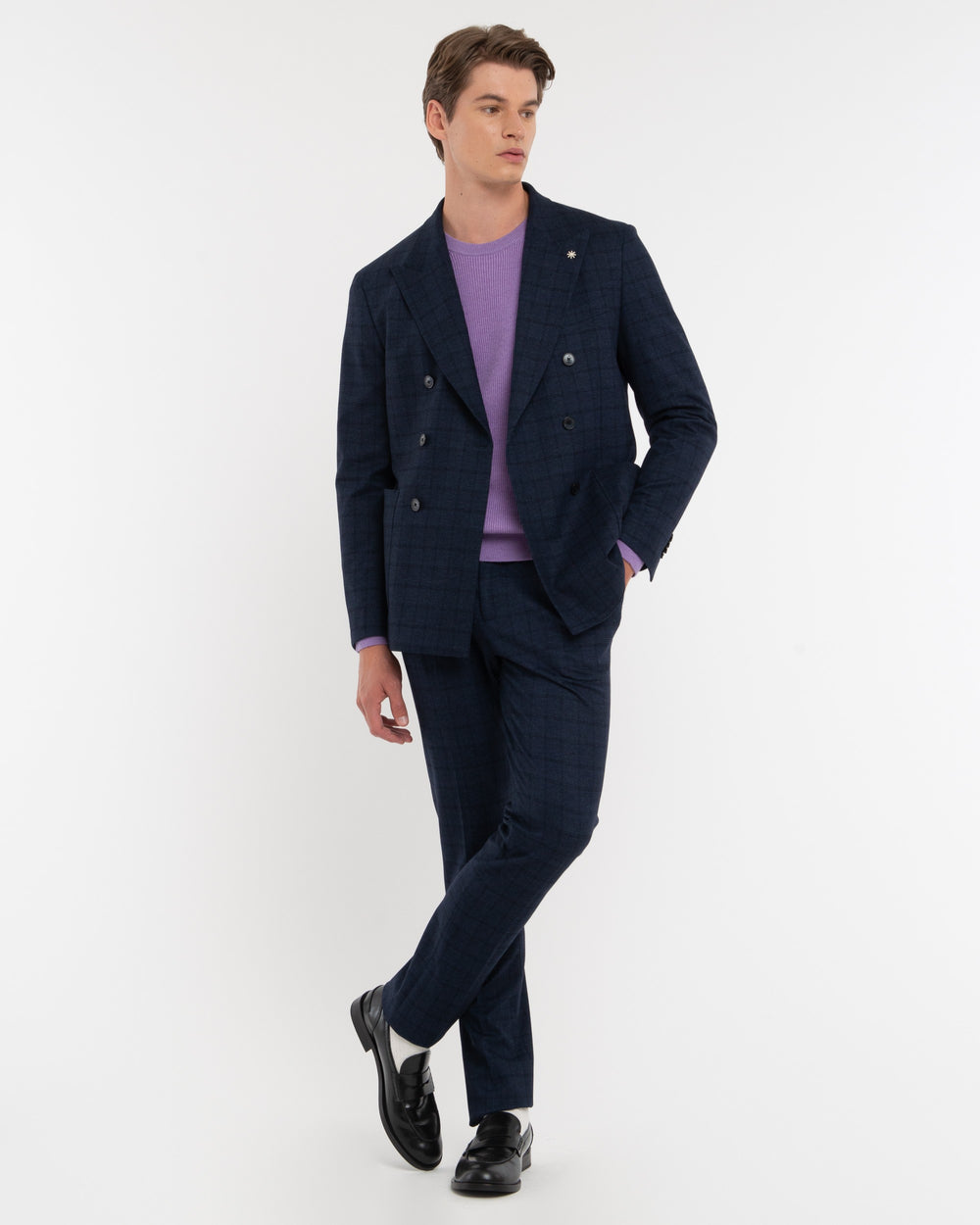 blue stretch viscose blend double breasted galles suit