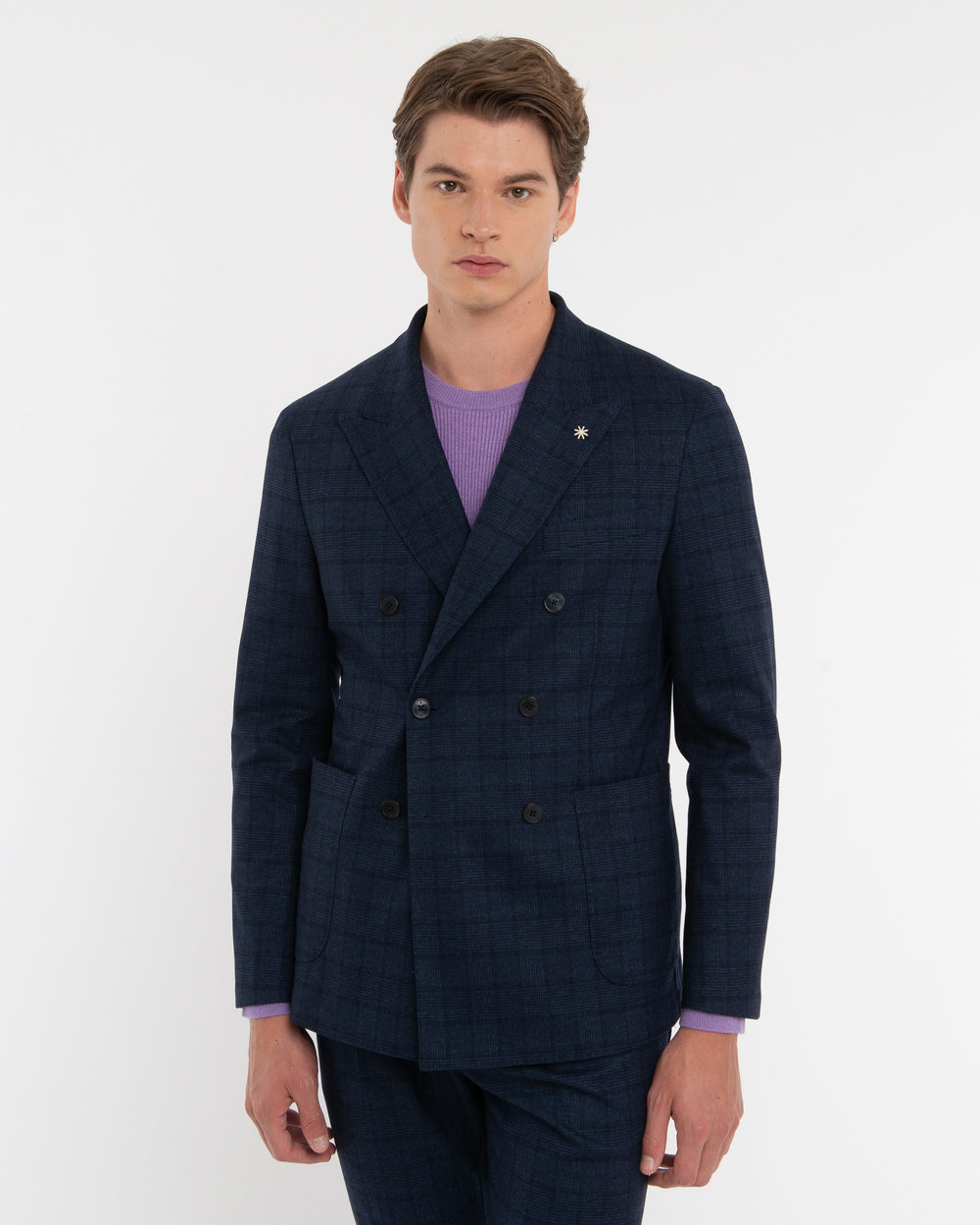 blue stretch viscose blend double breasted galles suit