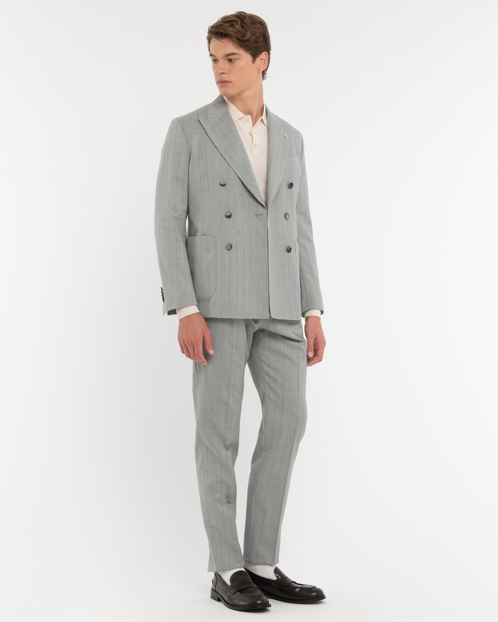 gray double breasted virgin wool pinstripe suit