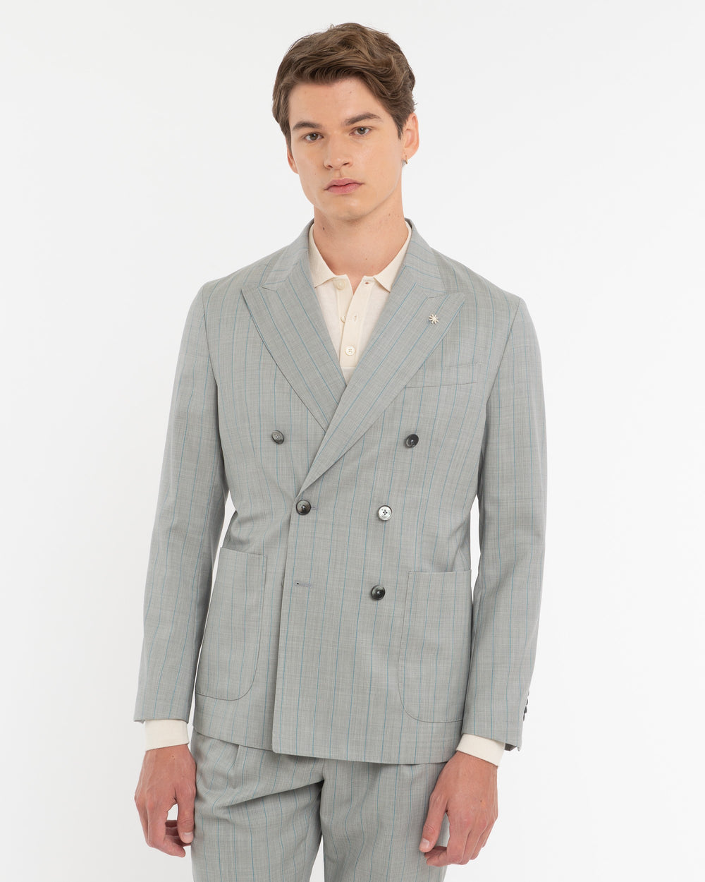 gray double breasted virgin wool pinstripe suit