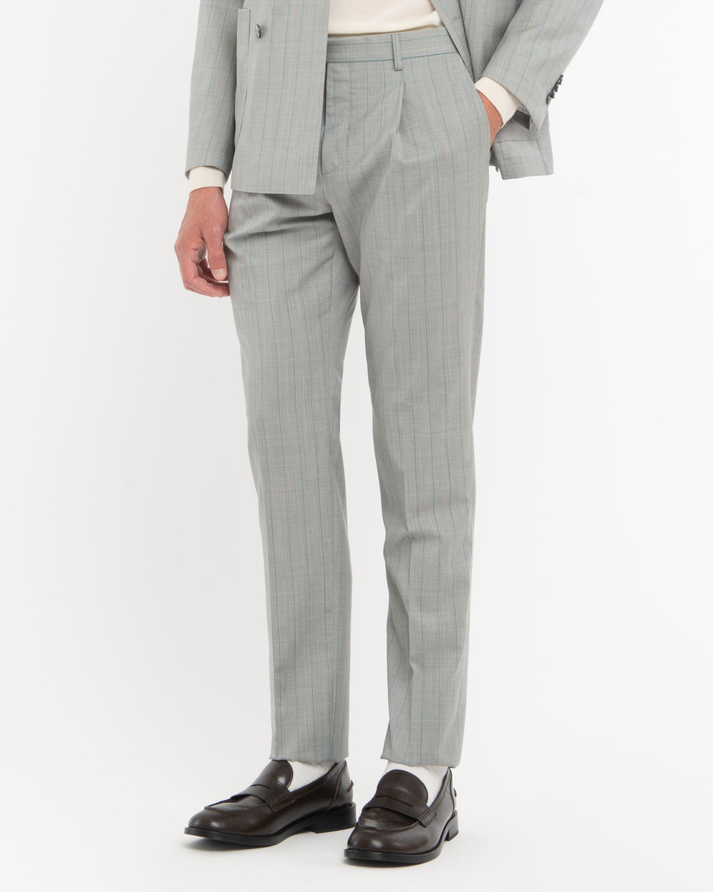 gray double breasted virgin wool pinstripe suit