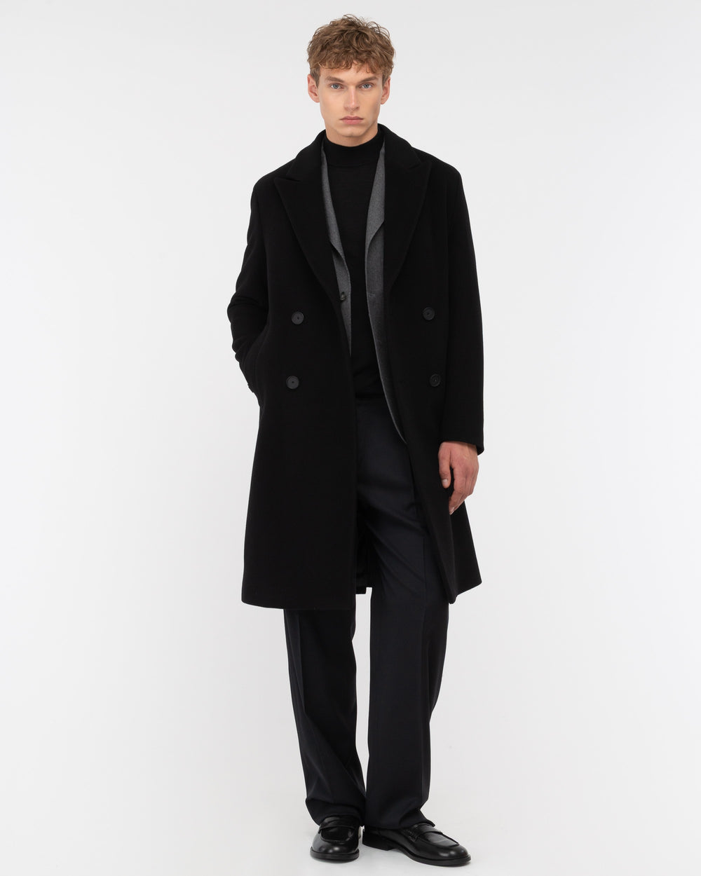black relaxed fit wool blend double breasted coat