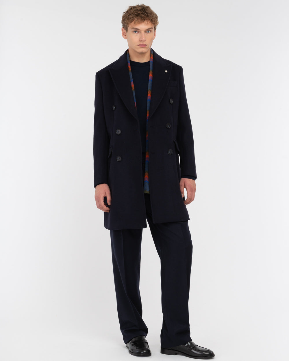 blue double breasted wool blend coat